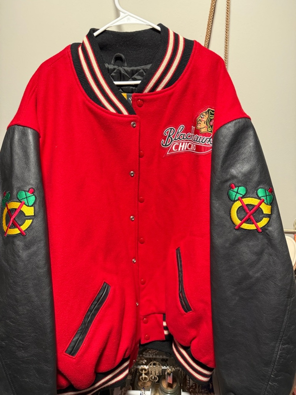 Mitchell & Ness Chicago Blackhawks Red & Black Varsity Bomber Jacket